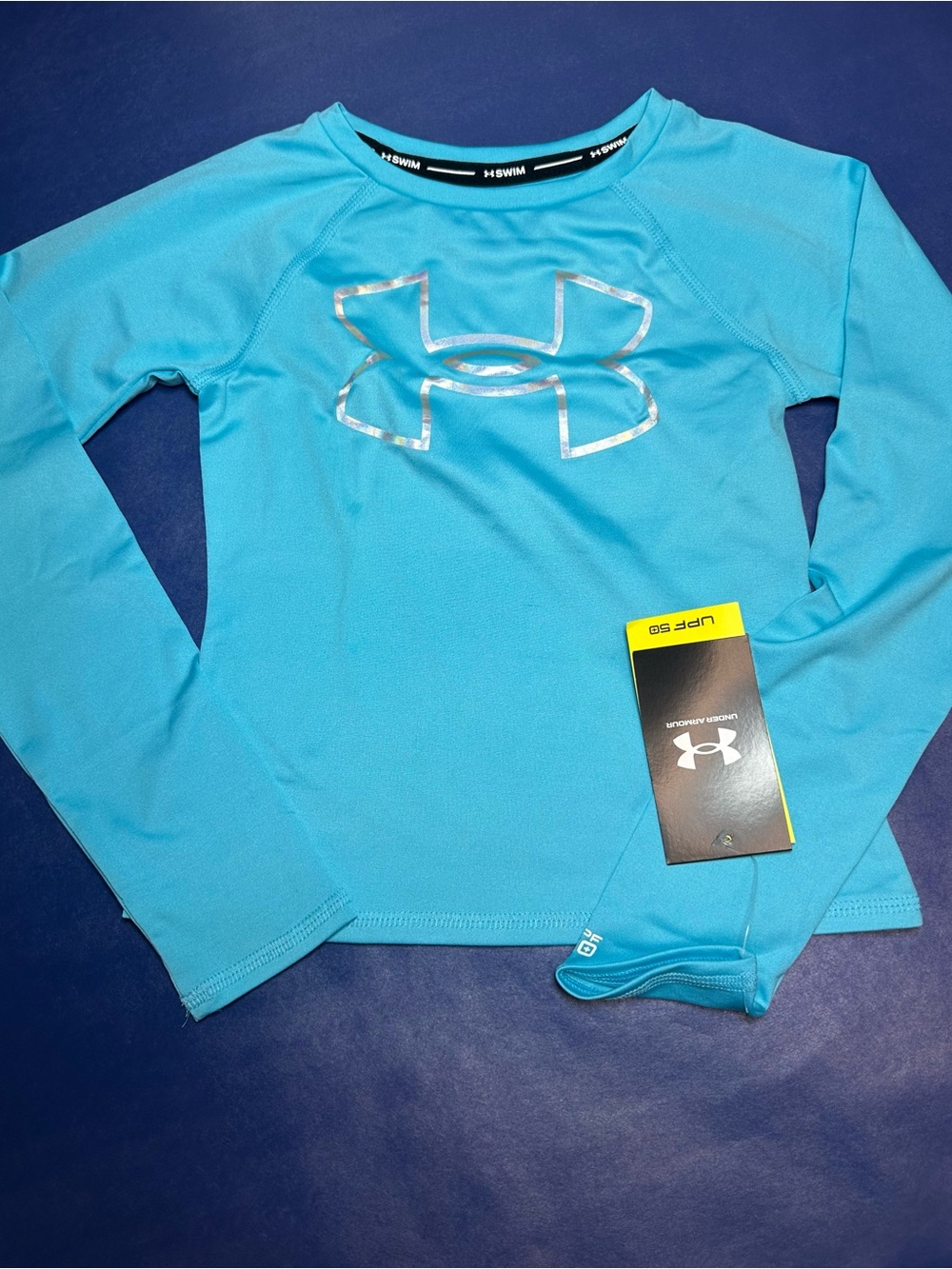 NWT Under Armour Girls' Blue Long Sleeve SPF 50 Swim Shirt - Size 7